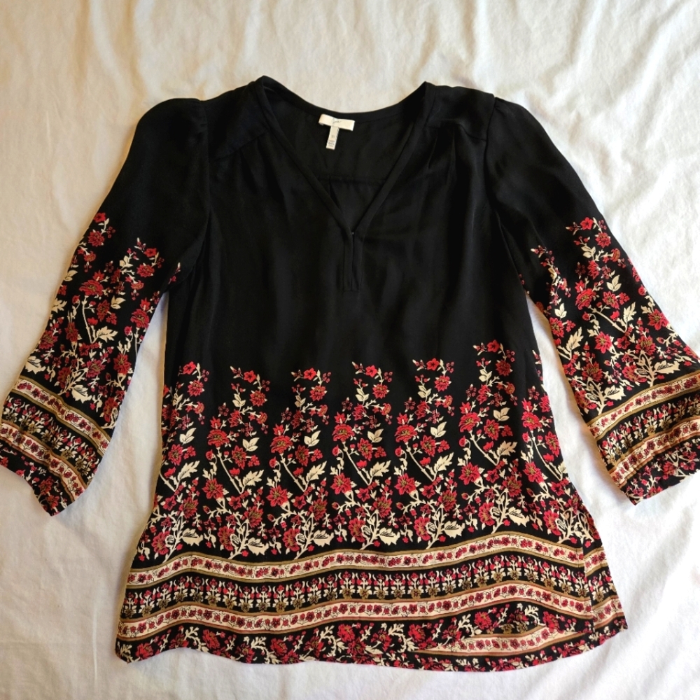 JOIE 🌹XS Black Silk Blouse Red Floral Trim Boho